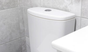 Cisterna de inodoro abierta con el mecanismo interior visible y una pérdida continua de agua hacia la taza